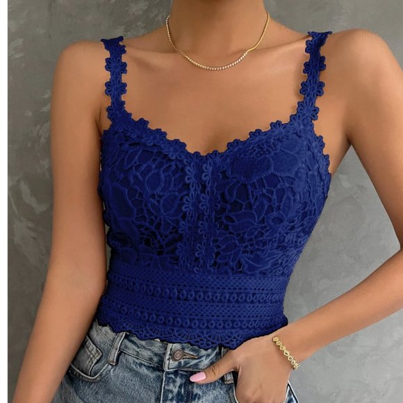 Blue Boho Frill Trim Shirred Back Lace Cami Top - Picture 1 of 6